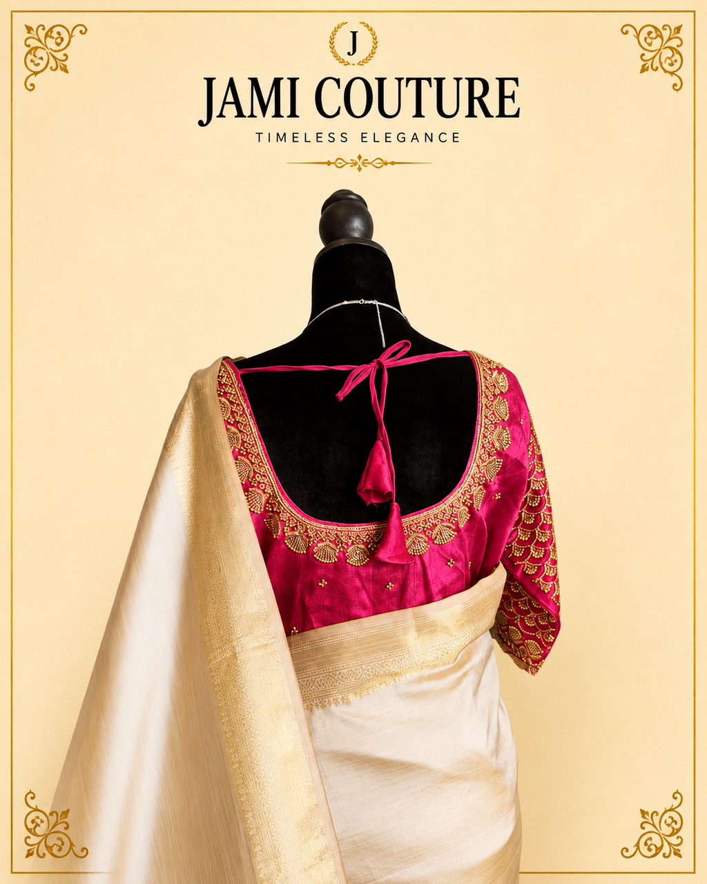 Beige & Gold Kasavu Silk Blend Saree with Wide Zari Border & Tasseled Pallu | Traditional South Indian Saree