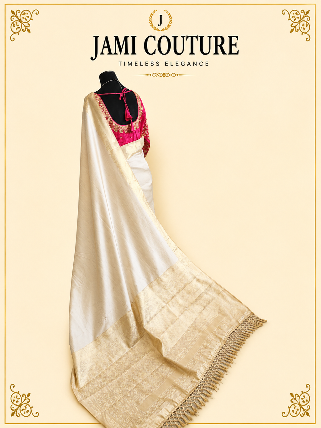 Beige & Gold Kasavu Silk Blend Saree with Wide Zari Border & Tasseled Pallu | Traditional South Indian Saree