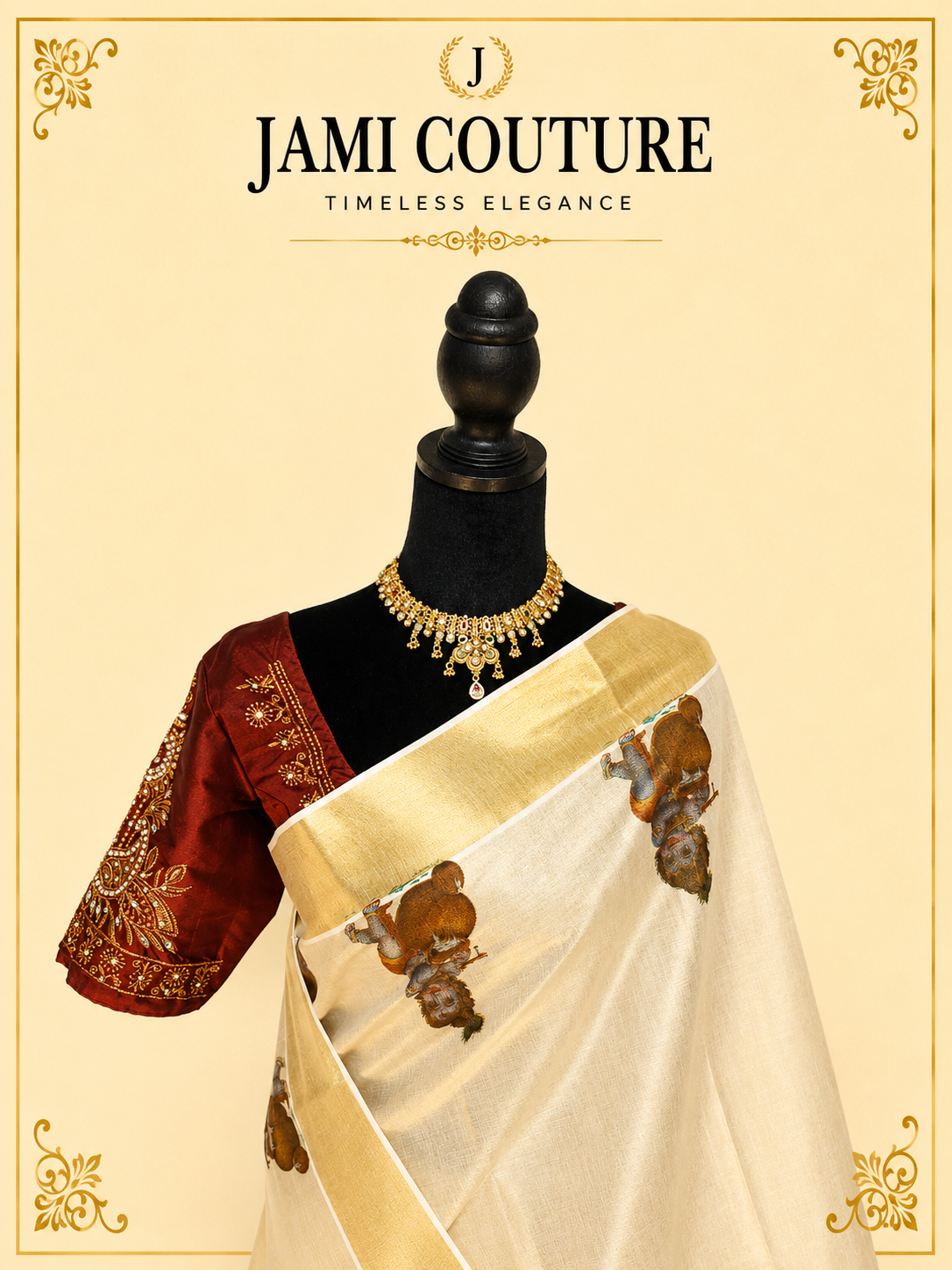 Cream & Gold Kerala Tissue Silk Saree with Krishna Motifs & Zari Border | Premium Traditional Saree