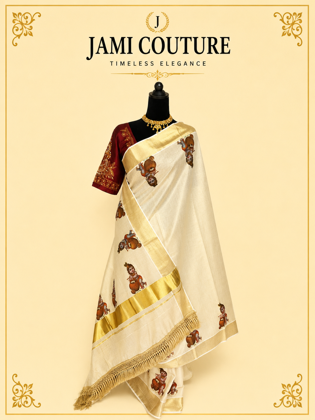 Cream & Gold Kerala Tissue Silk Saree with Krishna Motifs & Zari Border | Premium Traditional Saree