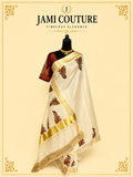 Cream & Gold Kerala Tissue Silk Saree with Krishna Motifs & Zari Border | Premium Traditional Saree