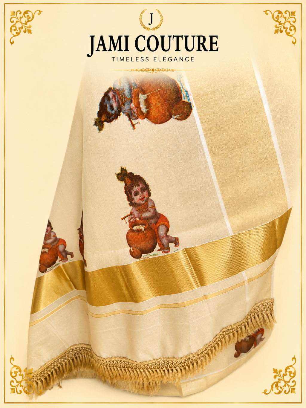 Cream & Gold Kerala Tissue Silk Saree with Krishna Motifs & Zari Border | Premium Traditional Saree