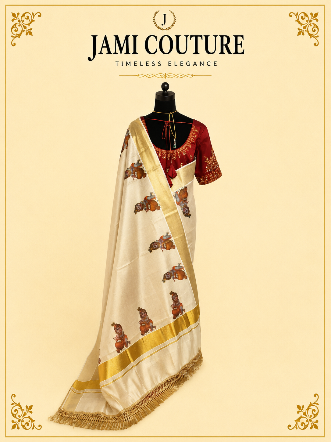 Cream & Gold Kerala Tissue Silk Saree with Krishna Motifs & Zari Border | Premium Traditional Saree
