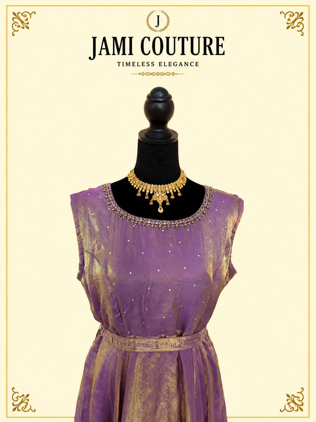 Lavender & Gold Tissue Silk Sleeveless Anarkali Gown with Beaded Neckline & Belt | Ready-to-Wear Indian Ethnic Party Wear