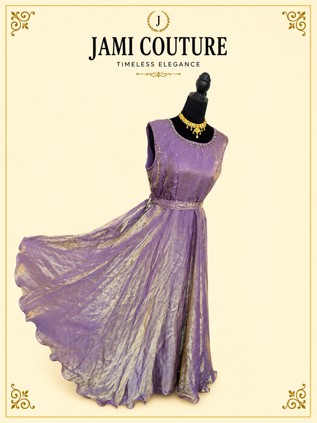 Lavender & Gold Tissue Silk Sleeveless Anarkali Gown with Beaded Neckline & Belt | Ready-to-Wear Indian Ethnic Party Wear