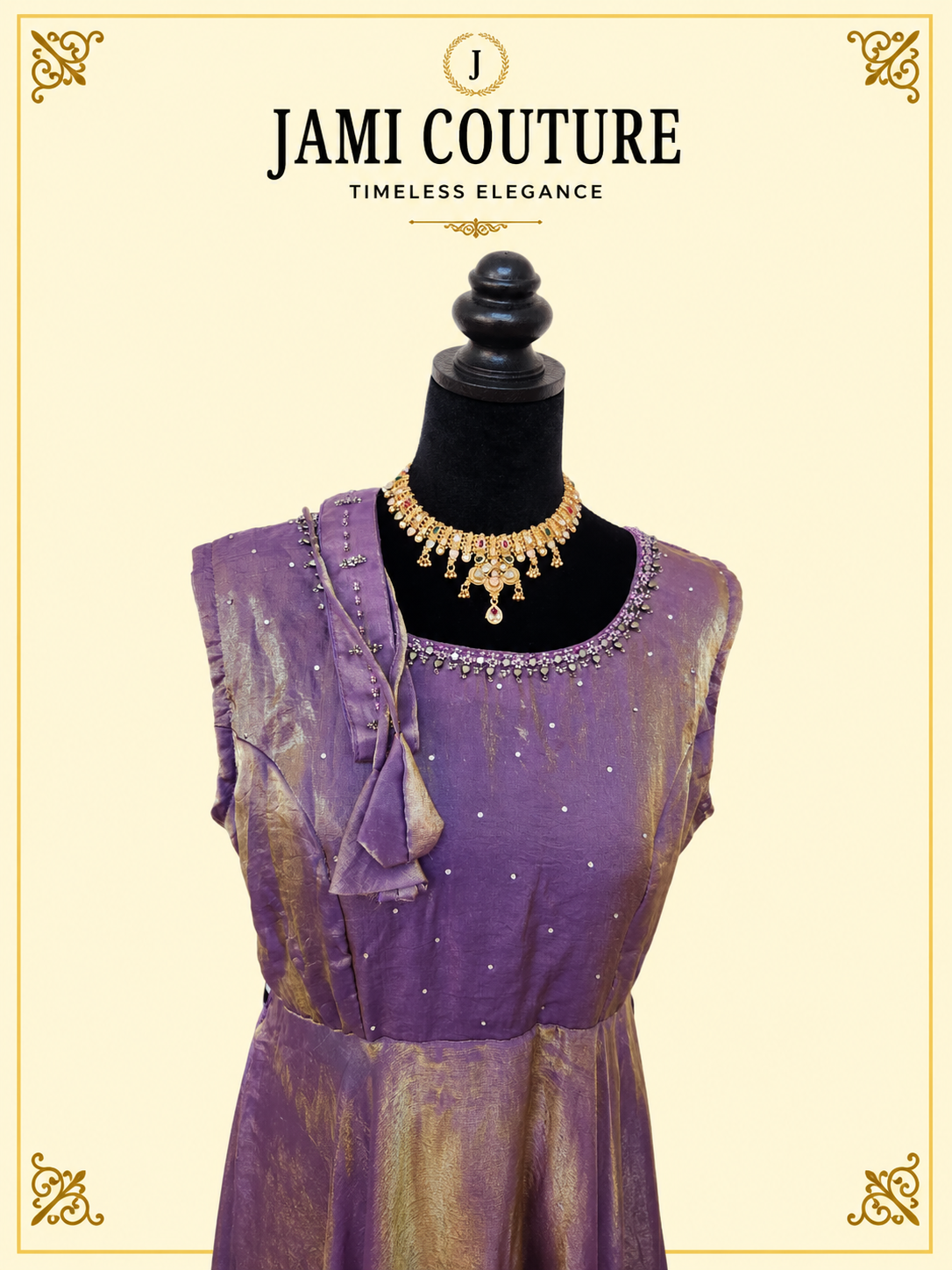 Lavender & Gold Tissue Silk Sleeveless Anarkali Gown with Beaded Neckline & Belt | Ready-to-Wear Indian Ethnic Party Wear