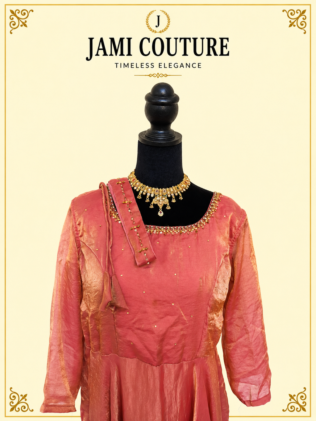 Rose Pink & Gold Tissue Silk Anarkali Gown with Beaded Neckline & Belt | Ready-to-Wear Indian Ethnic Party Wear