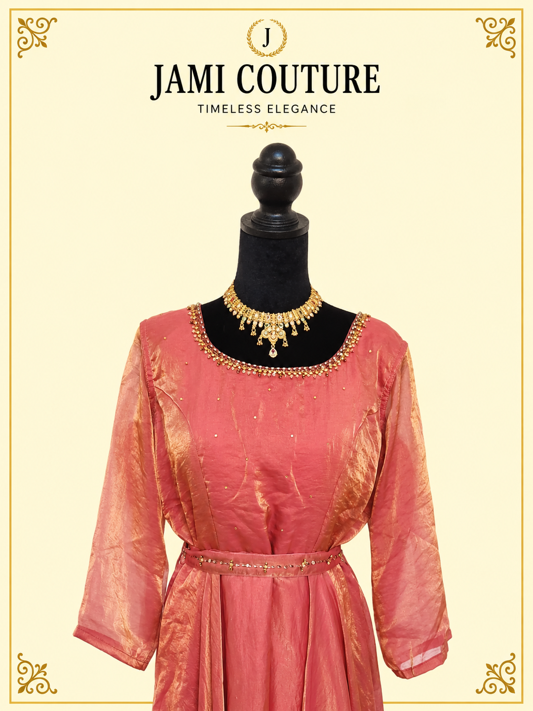 Rose Pink & Gold Tissue Silk Anarkali Gown with Beaded Neckline & Belt | Ready-to-Wear Indian Ethnic Party Wear