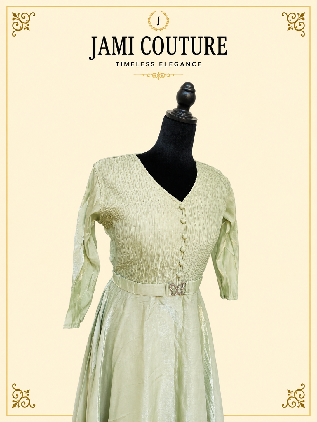 Mint Green Tissue Silk V-Neck Gown with Button Detail & Belt | Ready-to-Wear Indian Ethnic Party Wear