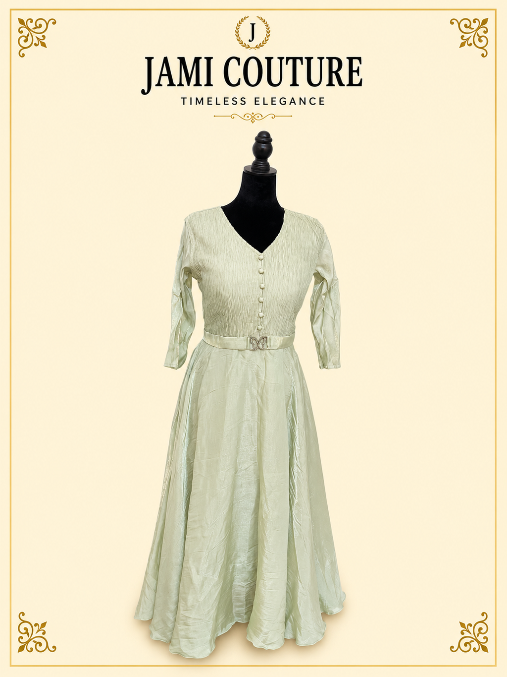 Mint Green Tissue Silk V-Neck Gown with Button Detail & Belt | Ready-to-Wear Indian Ethnic Party Wear