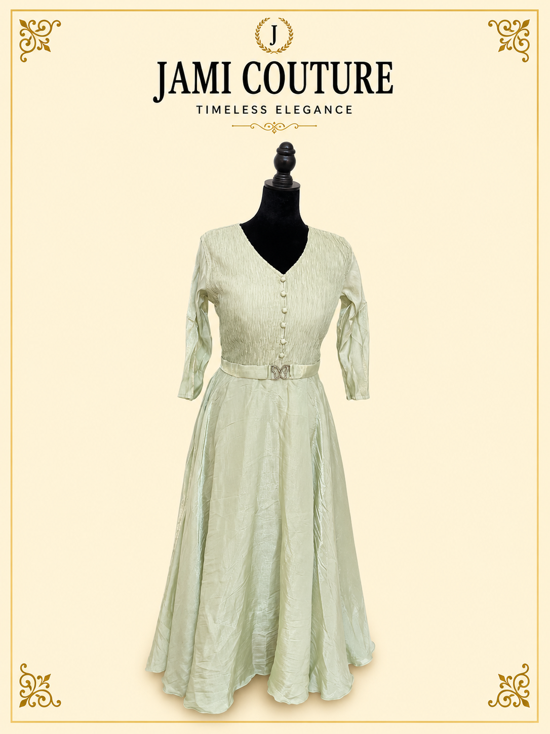 Mint Green Tissue Silk V-Neck Gown with Button Detail & Belt | Ready-to-Wear Indian Ethnic Party Wear