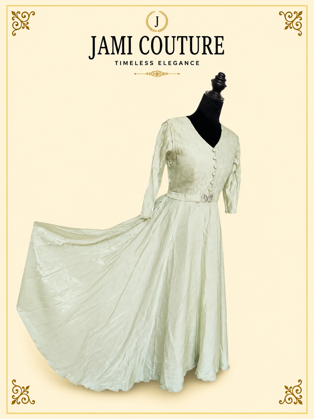 Mint Green Tissue Silk V-Neck Gown with Button Detail & Belt | Ready-to-Wear Indian Ethnic Party Wear
