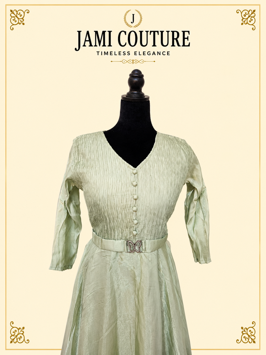 Mint Green Tissue Silk V-Neck Gown with Button Detail & Belt | Ready-to-Wear Indian Ethnic Party Wear