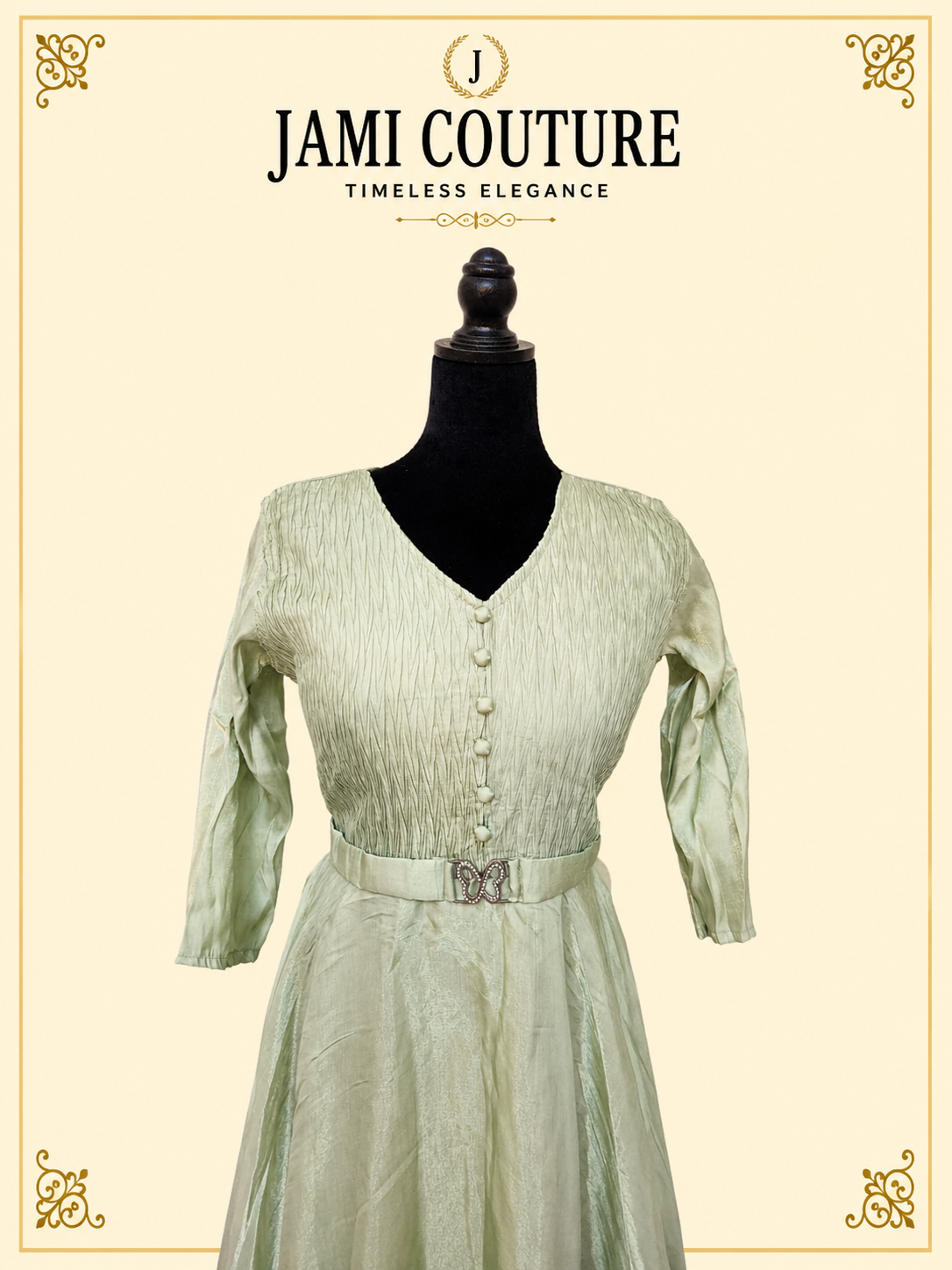Mint Green Tissue Silk V-Neck Gown with Button Detail & Belt | Ready-to-Wear Indian Ethnic Party Wear
