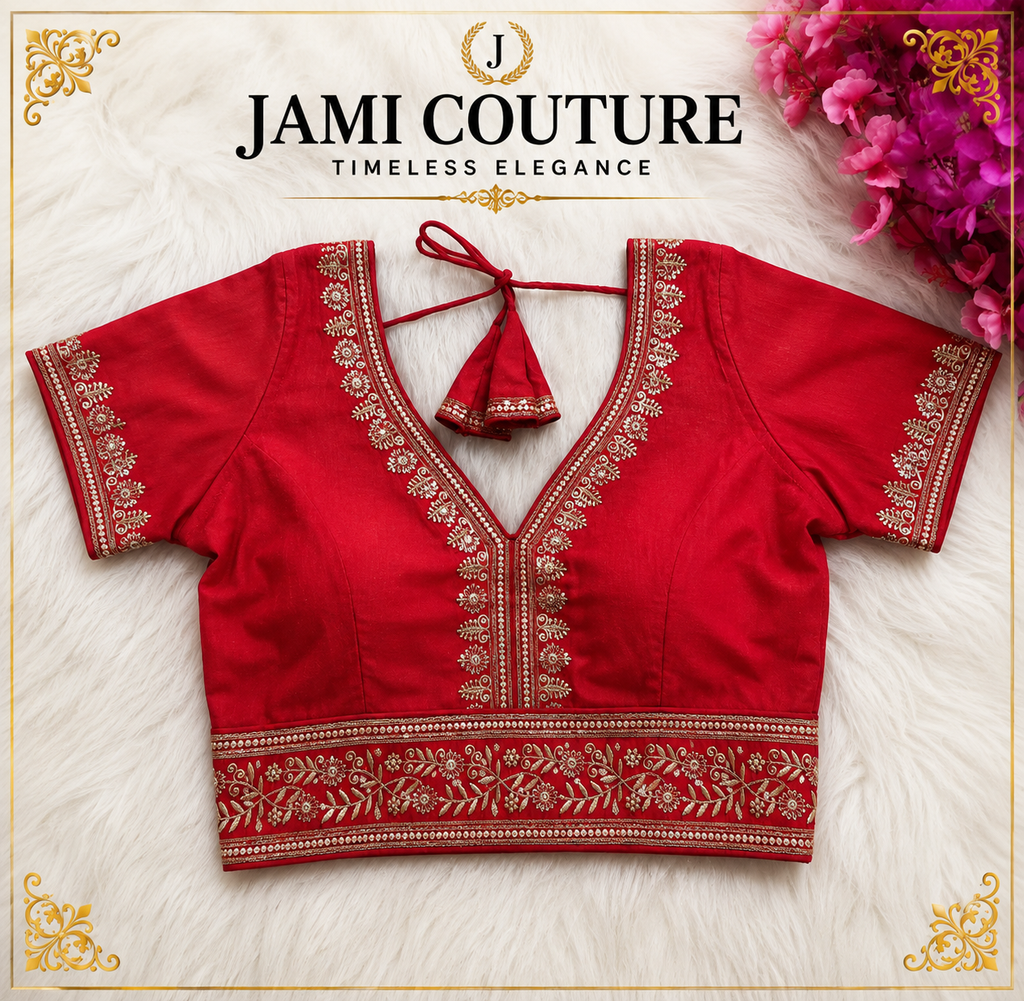 Red Pure Roman Silk Readymade Blouse with Golden Embroidery | Ready-to-Wear Saree Blouse