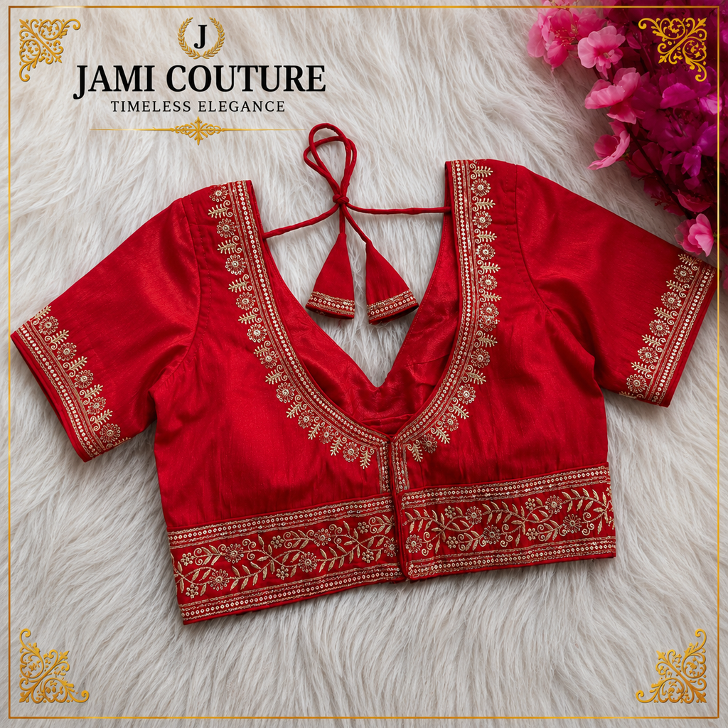 Red Pure Roman Silk Readymade Blouse with Golden Embroidery | Ready-to-Wear Saree Blouse