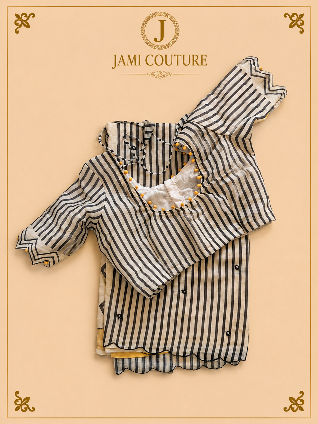 Mustard Yellow Mul Cotton Saree with Black & White Striped Chevron Border | Black Striped Ready-Stitched Blouse