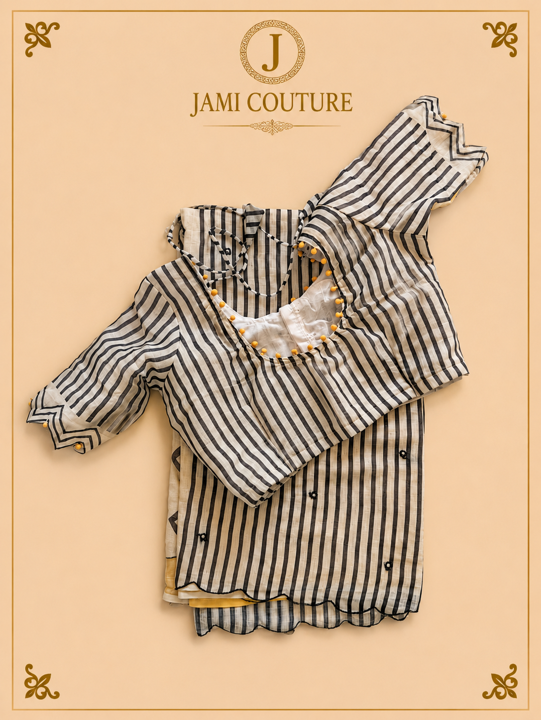 Mustard Yellow Mul Cotton Saree with Black & White Striped Chevron Border | Black Striped Ready-Stitched Blouse