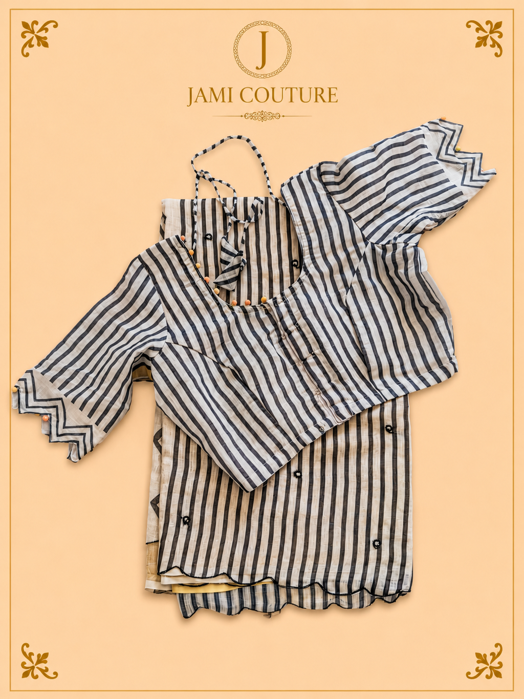 Mustard Yellow Mul Cotton Saree with Black & White Striped Chevron Border | Black Striped Ready-Stitched Blouse