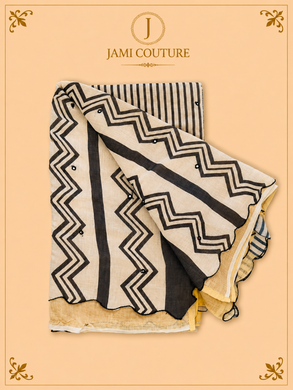 Mustard Yellow Mul Cotton Saree with Black & White Striped Chevron Border | Black Striped Ready-Stitched Blouse