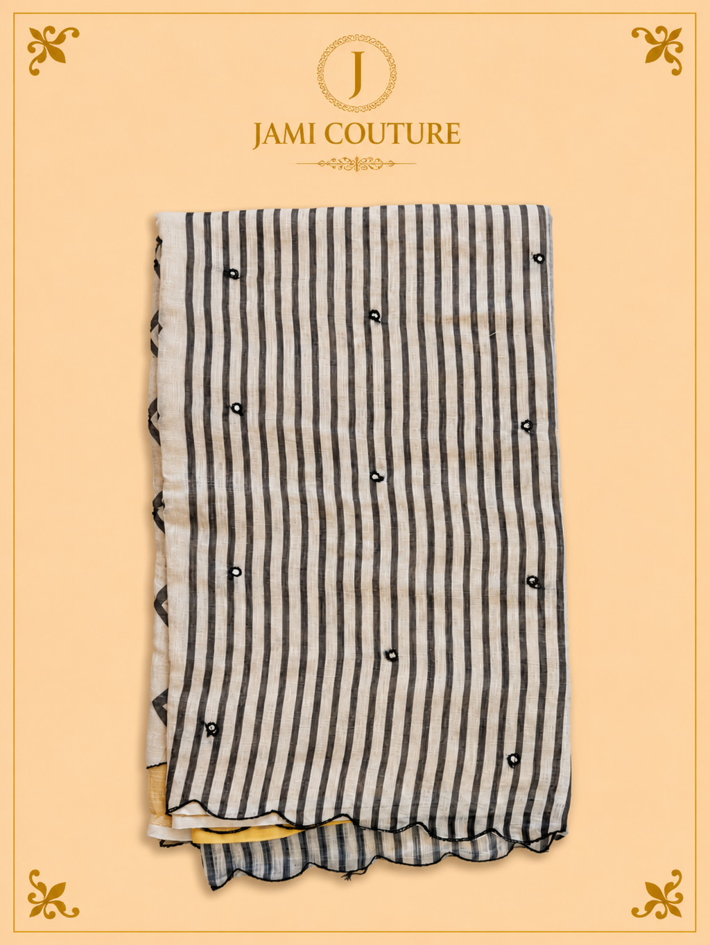 Mustard Yellow Mul Cotton Saree with Black & White Striped Chevron Border | Black Striped Ready-Stitched Blouse