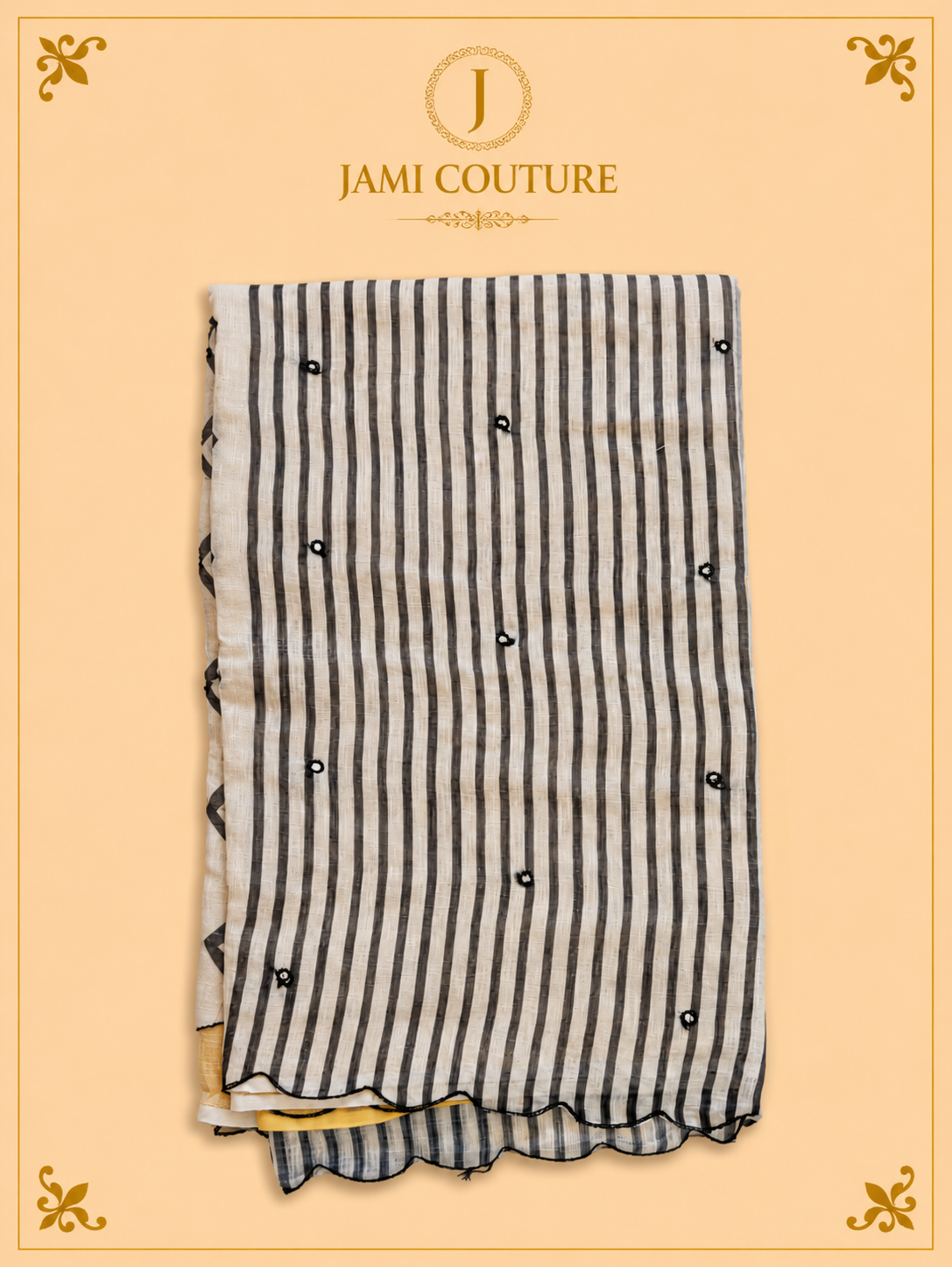 Mustard Yellow Mul Cotton Saree with Black & White Striped Chevron Border | Black Striped Ready-Stitched Blouse