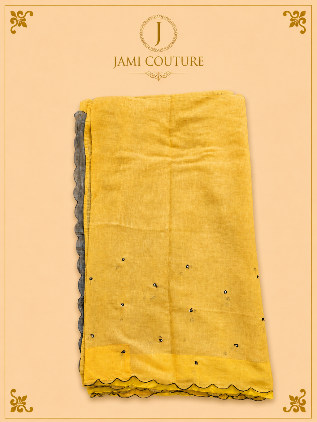 Mustard Yellow Mul Cotton Saree with Black & White Striped Chevron Border | Black Striped Ready-Stitched Blouse