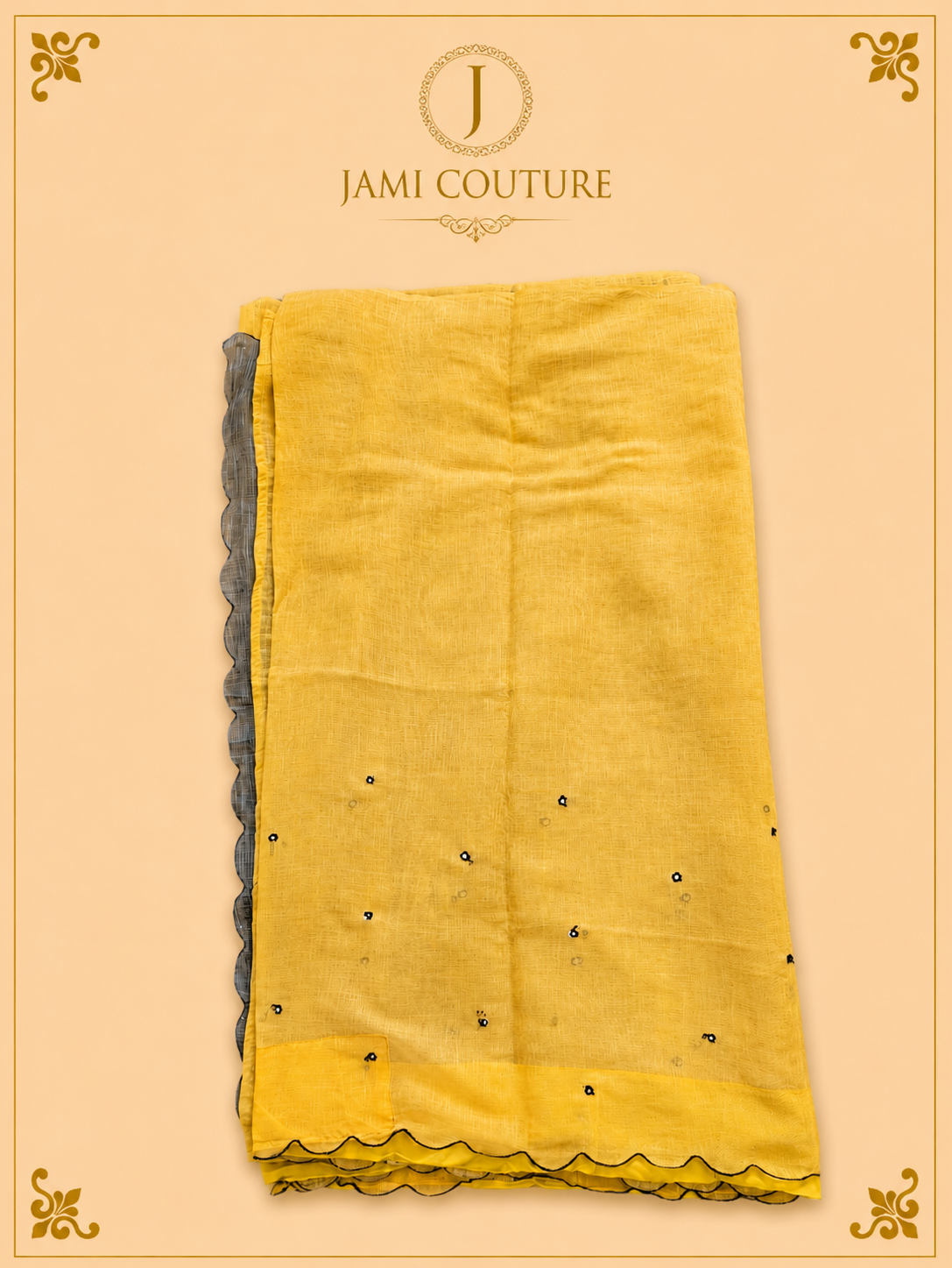 Mustard Yellow Mul Cotton Saree with Black & White Chevron Border | Black Petal-Sleeve Blouse