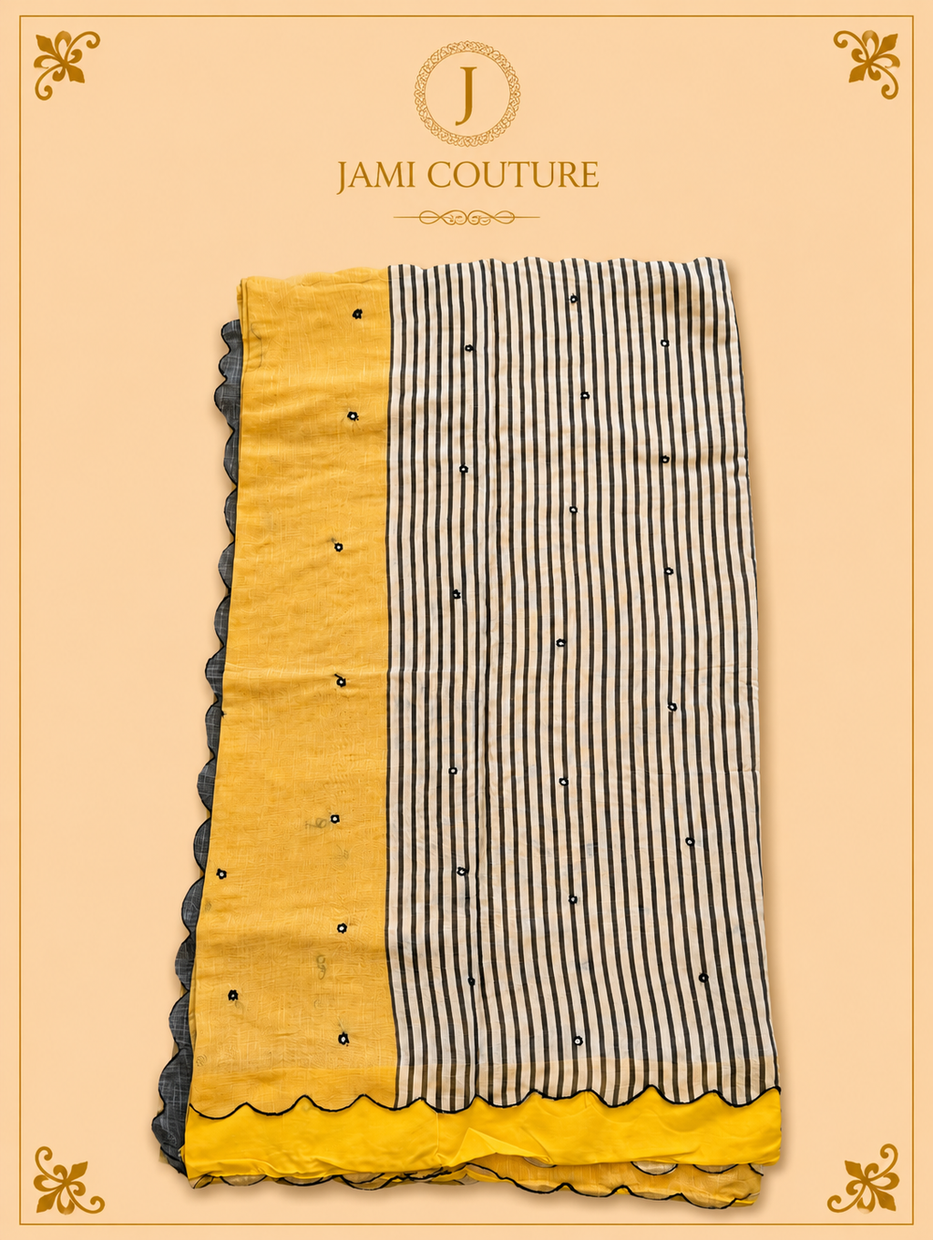Mustard Yellow Mul Cotton Saree with Black & White Chevron Border | Black Petal-Sleeve Blouse