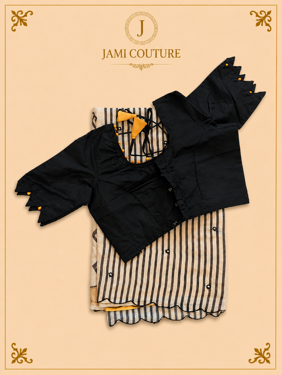 Mustard Yellow Mul Cotton Saree with Black & White Chevron Border | Black Petal-Sleeve Blouse