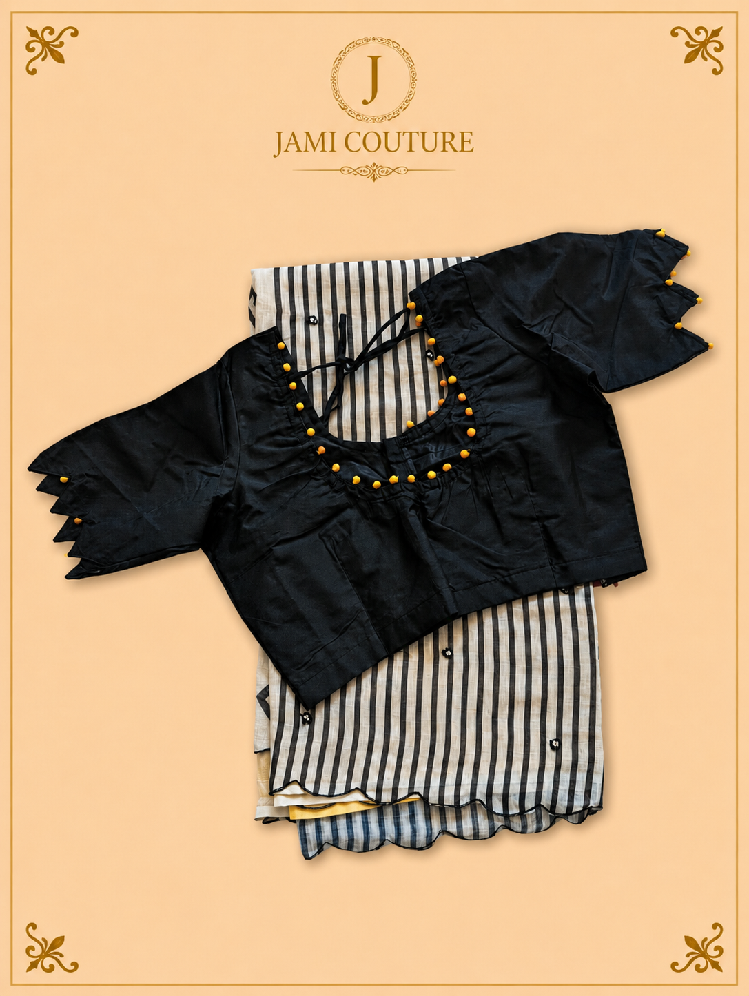 Mustard Yellow Mul Cotton Saree with Black & White Chevron Border | Black Petal-Sleeve Blouse