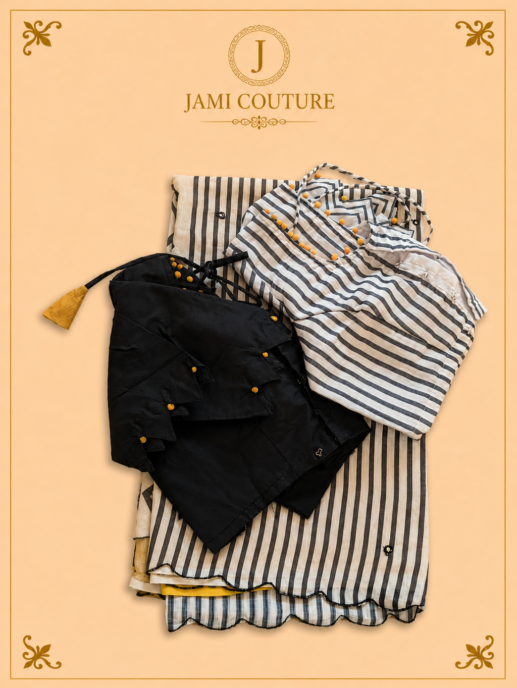 Mustard Yellow Mul Cotton Saree with Black & White Chevron Border | Black Petal-Sleeve Blouse