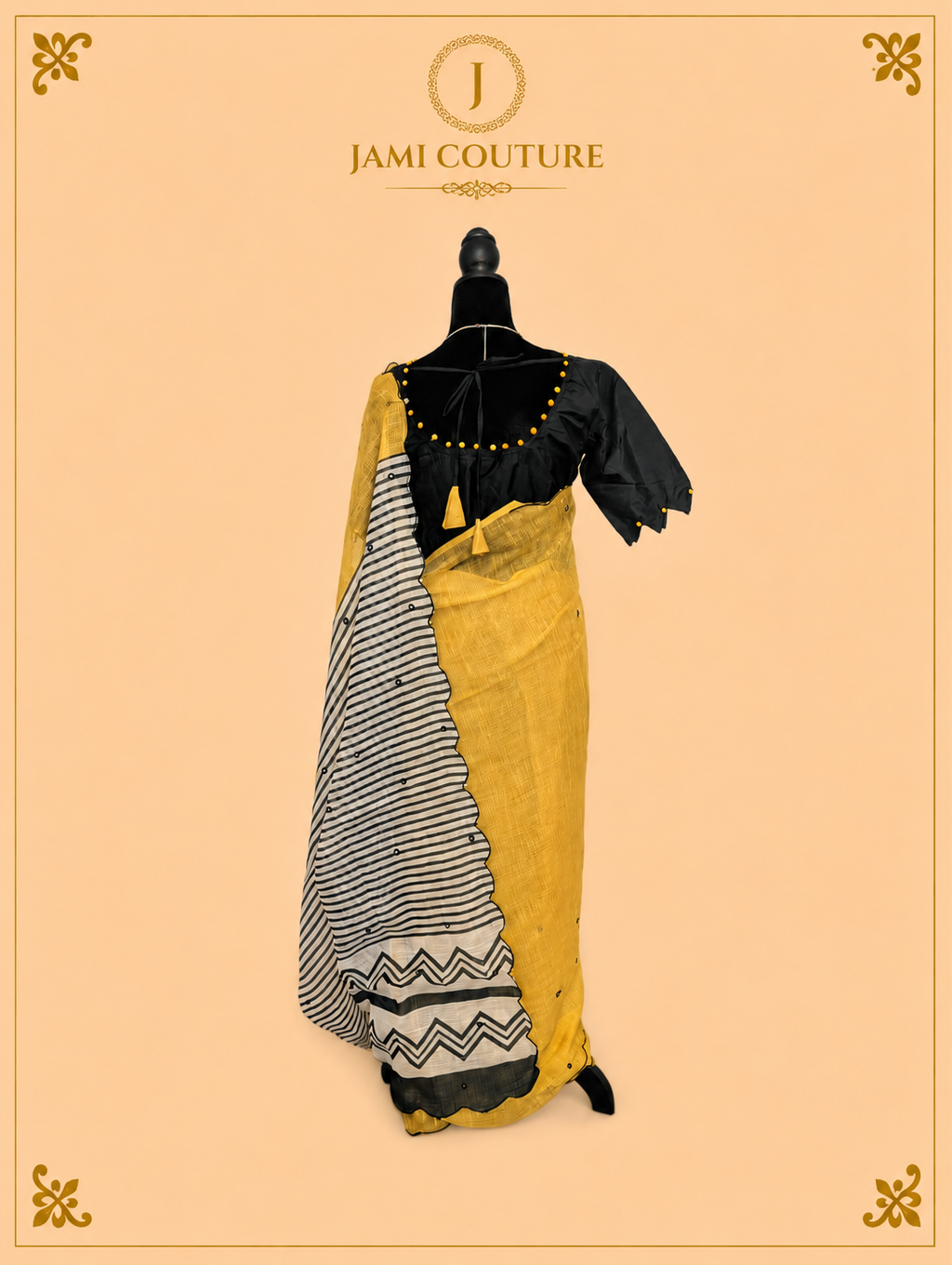 Mustard Yellow Mul Cotton Saree with Black & White Chevron Border | Black Petal-Sleeve Blouse