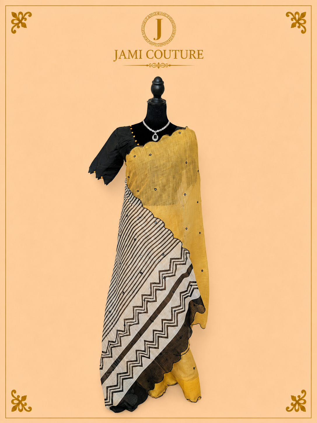 Mustard Yellow Mul Cotton Saree with Black & White Chevron Border | Black Petal-Sleeve Blouse