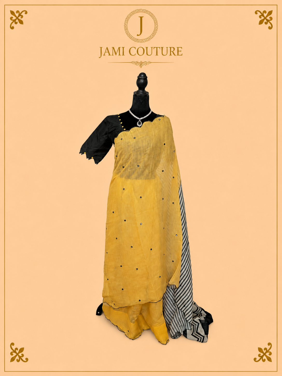 Mustard Yellow Mul Cotton Saree with Black & White Chevron Border | Black Petal-Sleeve Blouse