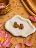 Antique Goddess Lakshmi Jhumki Earrings with Ruby & Emerald Kundan Work | Matte Gold Plating