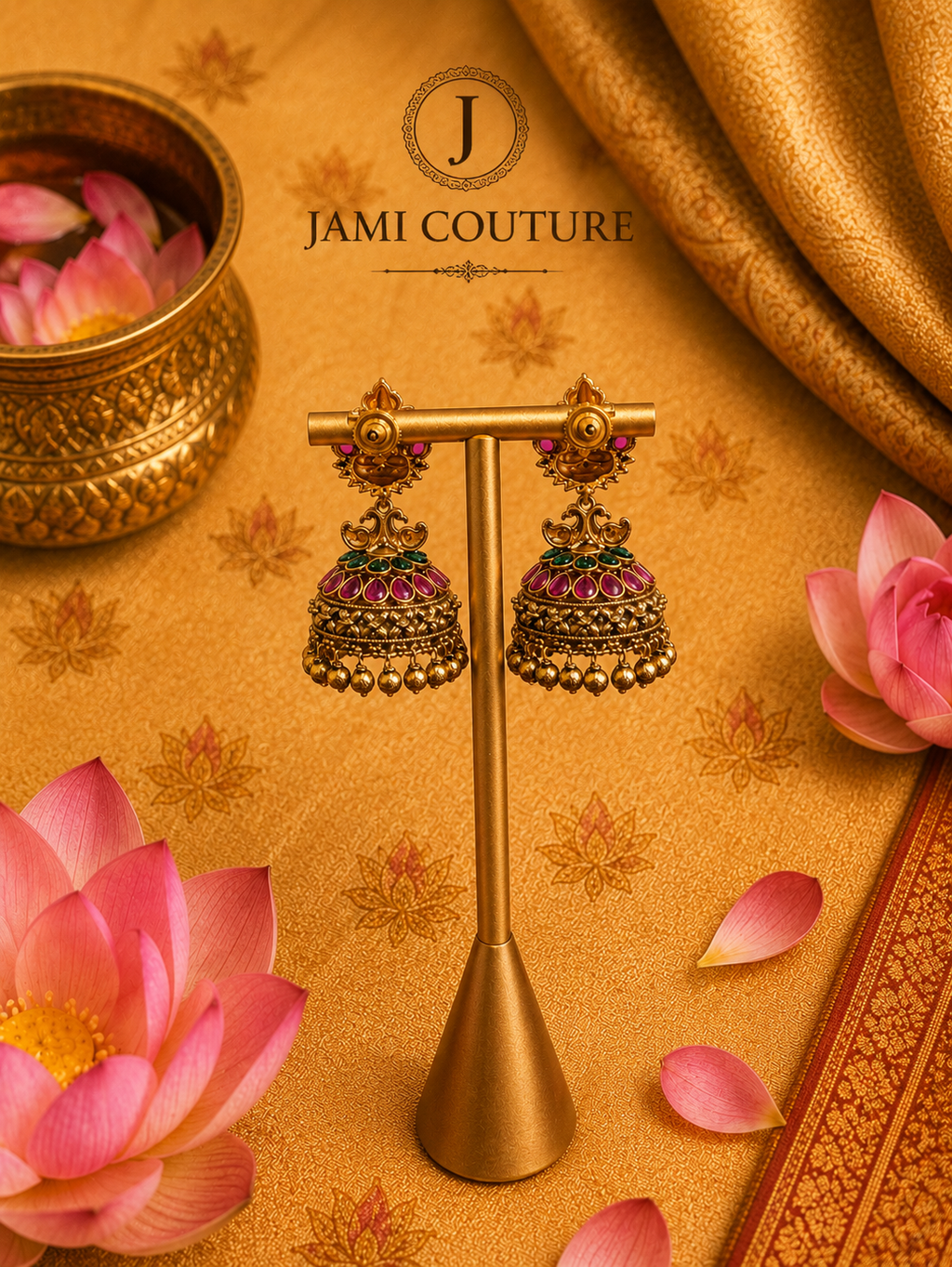 Antique Goddess Lakshmi Jhumki Earrings with Ruby & Emerald Kundan Work | Matte Gold Plating