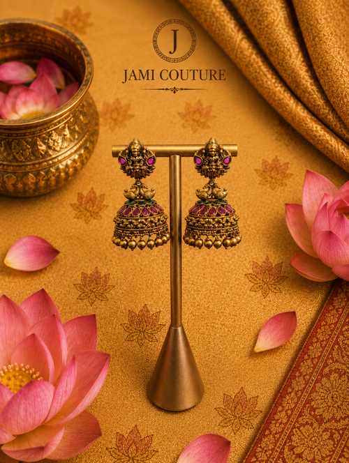 Antique Goddess Lakshmi Jhumki Earrings with Ruby & Emerald Kundan Work | Matte Gold Plating