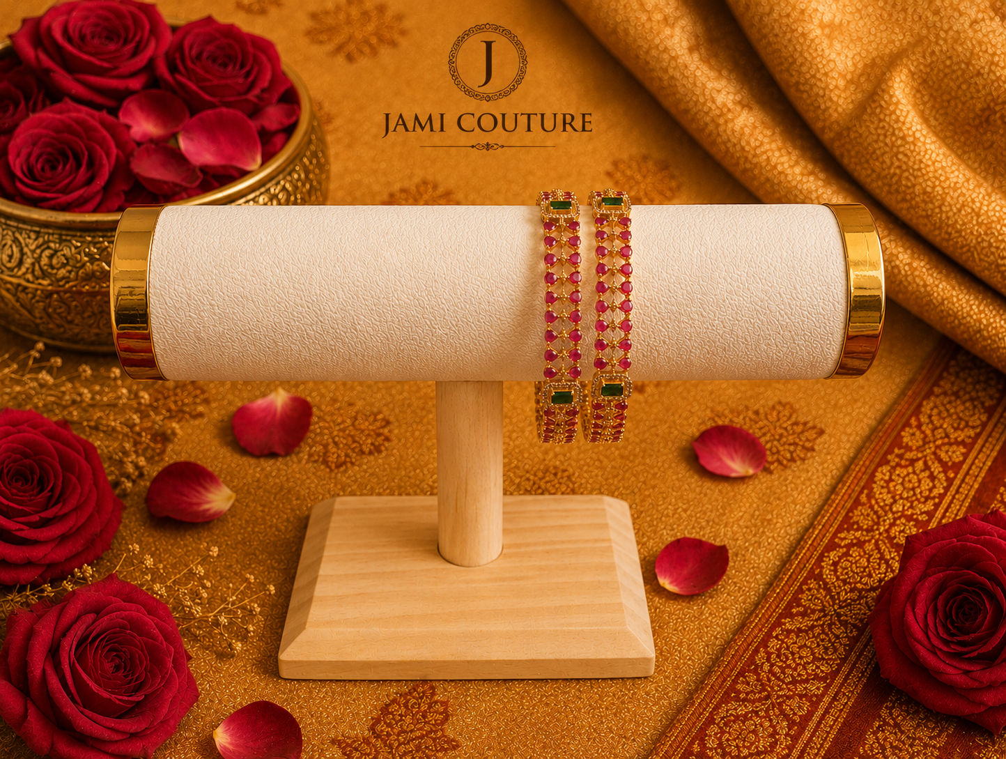 Zirconia Ruby & Emerald Studded Bangles with Gold Plating | Set of 2