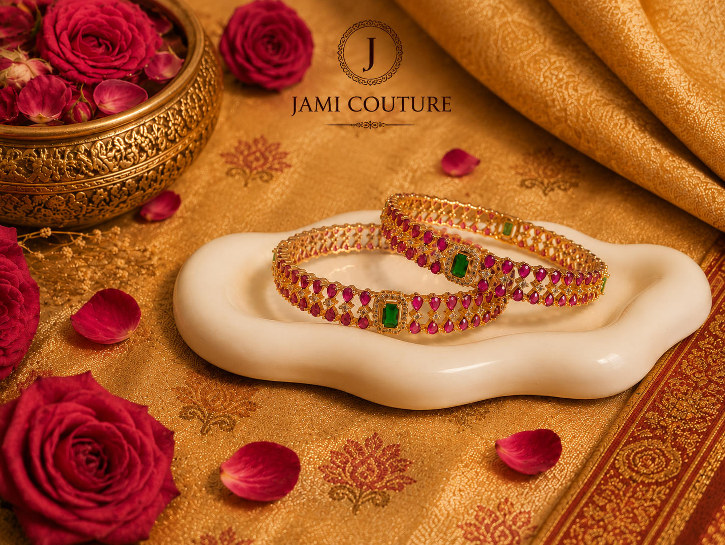 Zirconia Ruby & Emerald Studded Bangles with Gold Plating | Set of 2