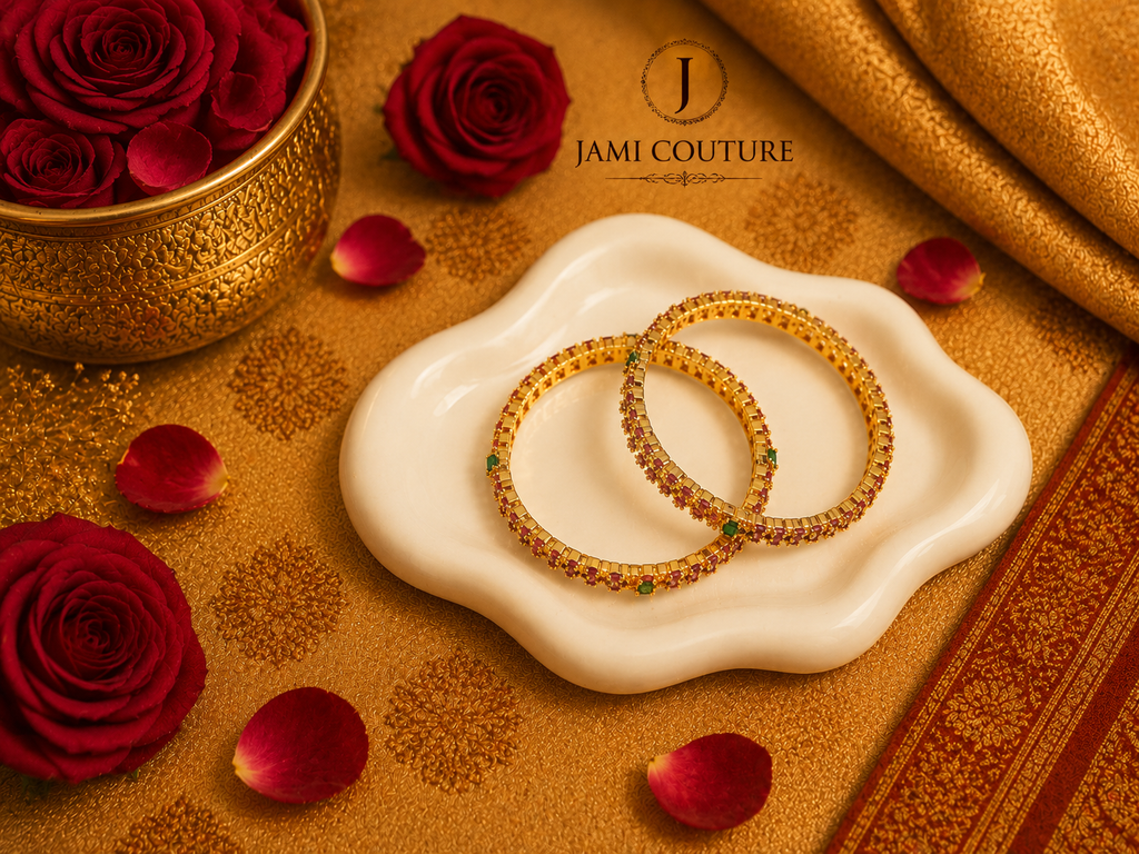 Zirconia Ruby & Emerald Studded Bangles with Gold Plating | Set of 2