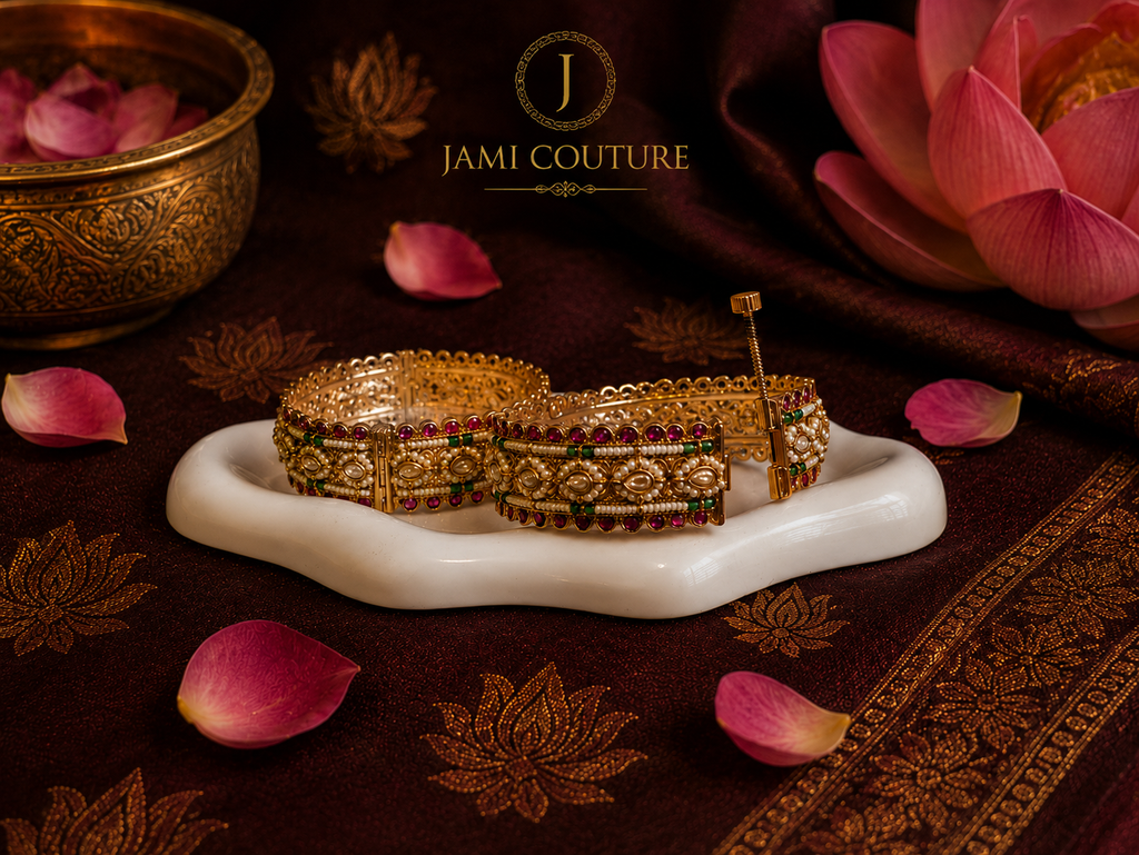 Antique Kundan Openable Bangles with Ruby, Emerald & Pearl Work | Gold Plating | Set of 2