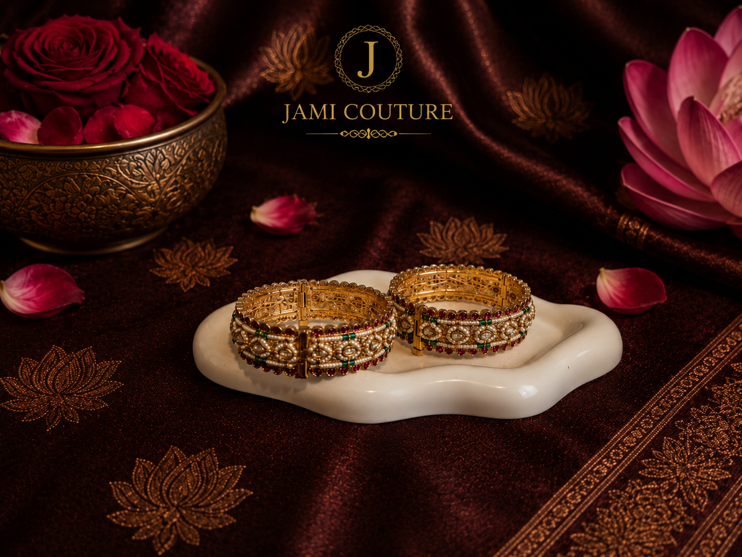 Antique Kundan Openable Bangles with Ruby, Emerald & Pearl Work | Gold Plating | Set of 2