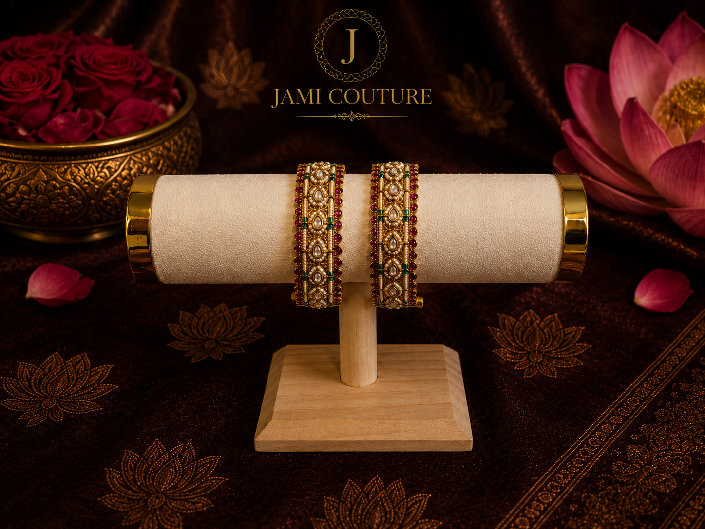 Antique Kundan Openable Bangles with Ruby, Emerald & Pearl Work | Gold Plating | Set of 2