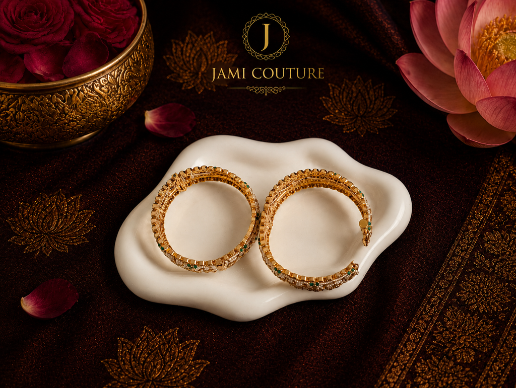 Antique Kundan Openable Bangles with Ruby, Emerald & Pearl Work | Gold Plating | Set of 2