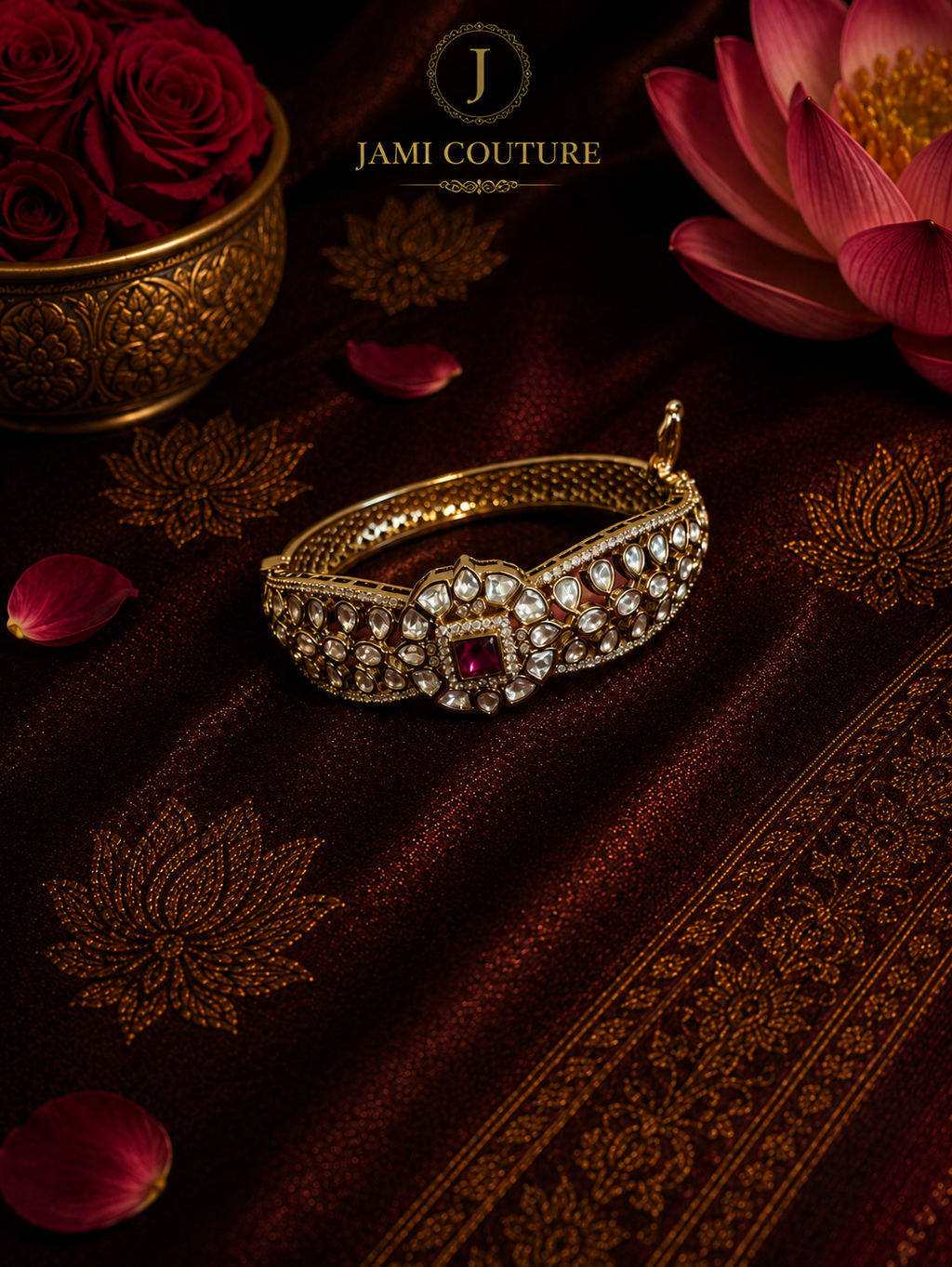 Kundan Openable Kada with Ruby Accent & Mehndi Gold Plating | Single Piece
