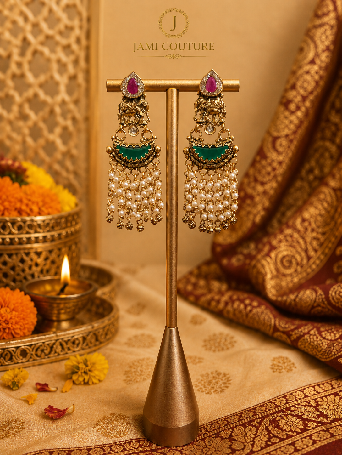 Antique Elephant Motif Earrings with Green Kundan & Pearl Tassels | Matte Gold Plated