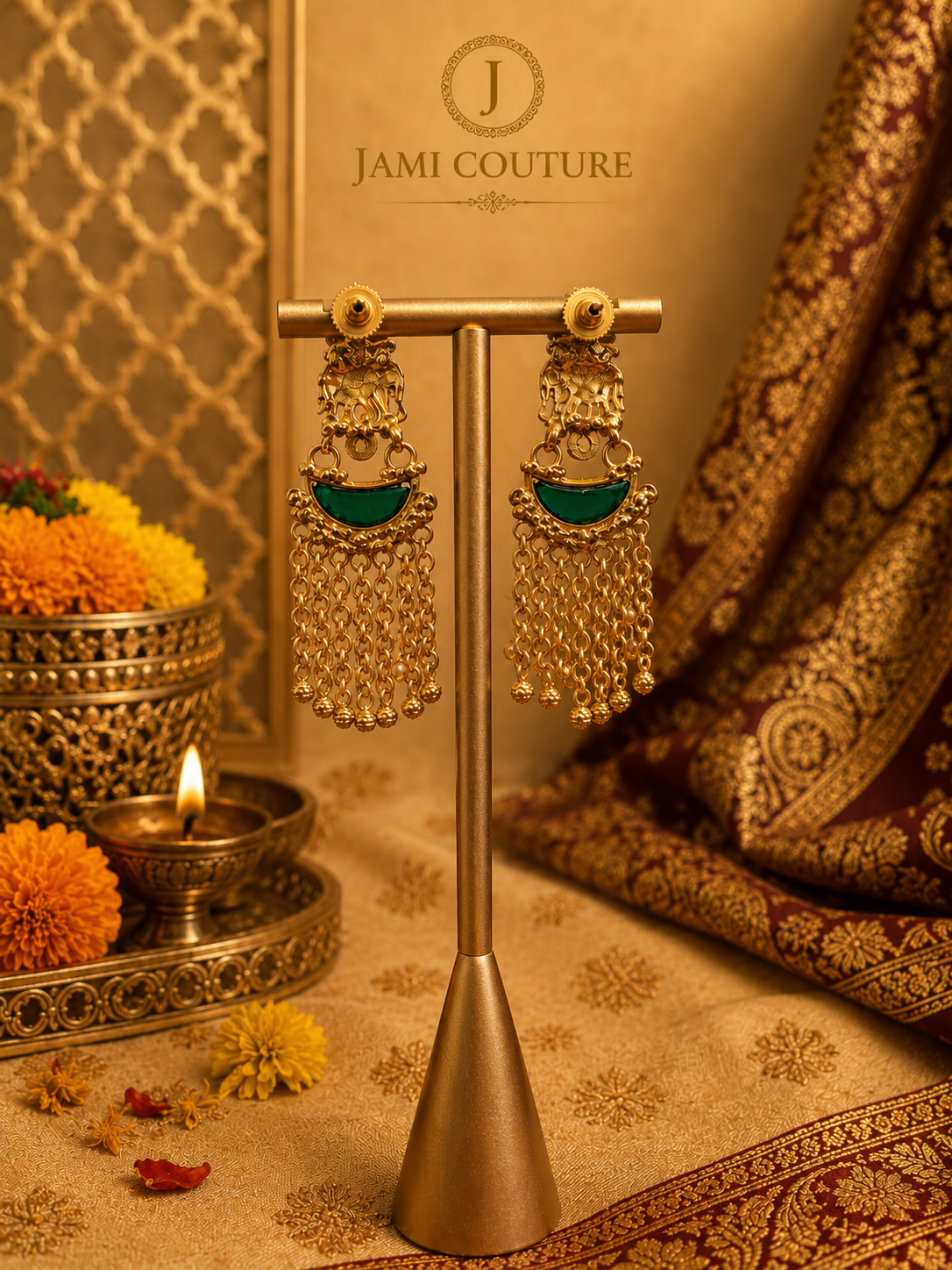 Antique Elephant Motif Earrings with Green Kundan & Pearl Tassels | Matte Gold Plated