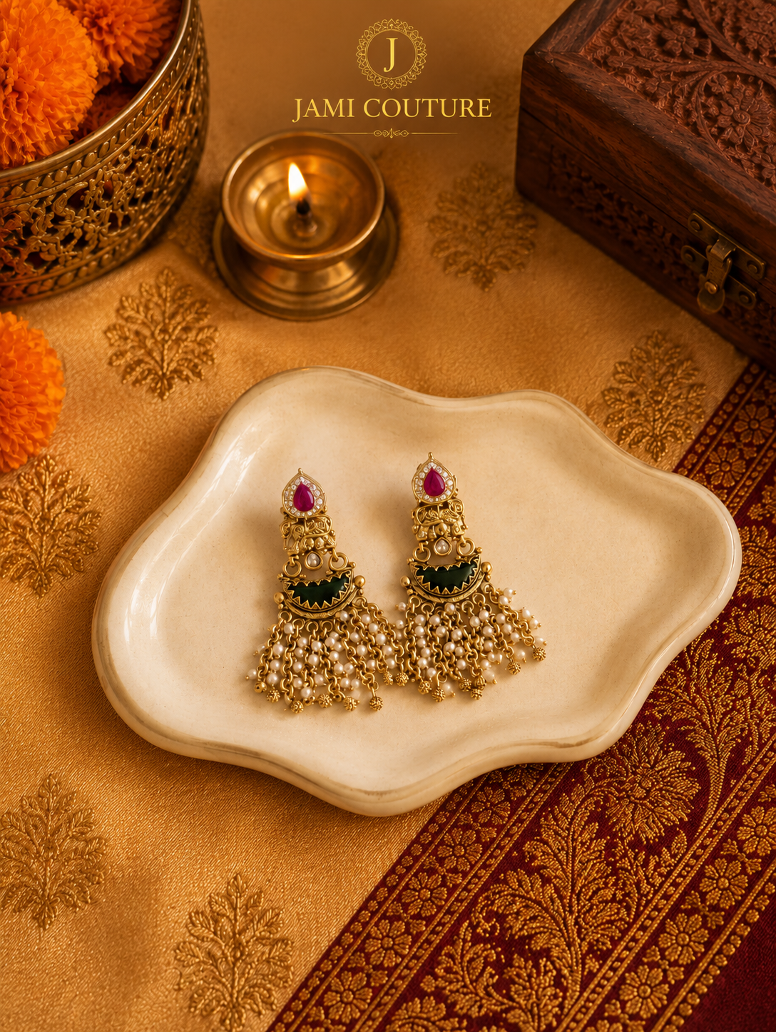 Antique Elephant Motif Earrings with Green Kundan & Pearl Tassels | Matte Gold Plated