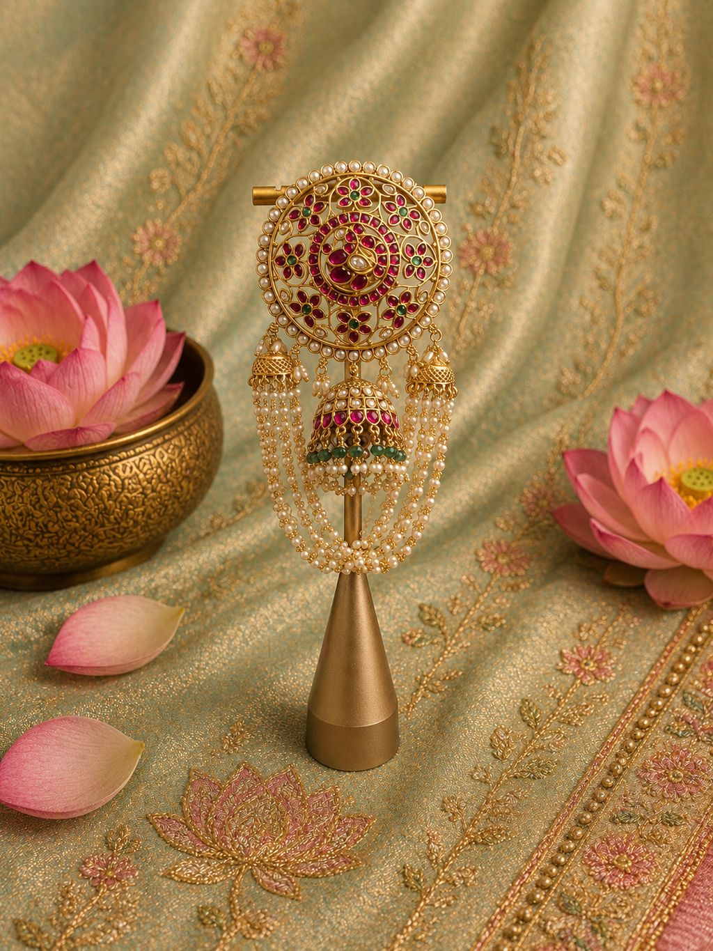 Product Title Antique Bridal Hair Brooch with Pearl Tassels & Jhumki Drops | Matte Gold Plating